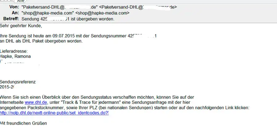 echte Mail von einem mir bekannten Empfänger