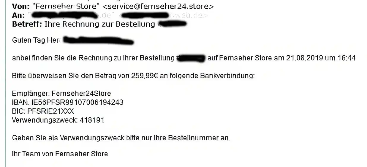 Screeenshot einer Fakeshopmail