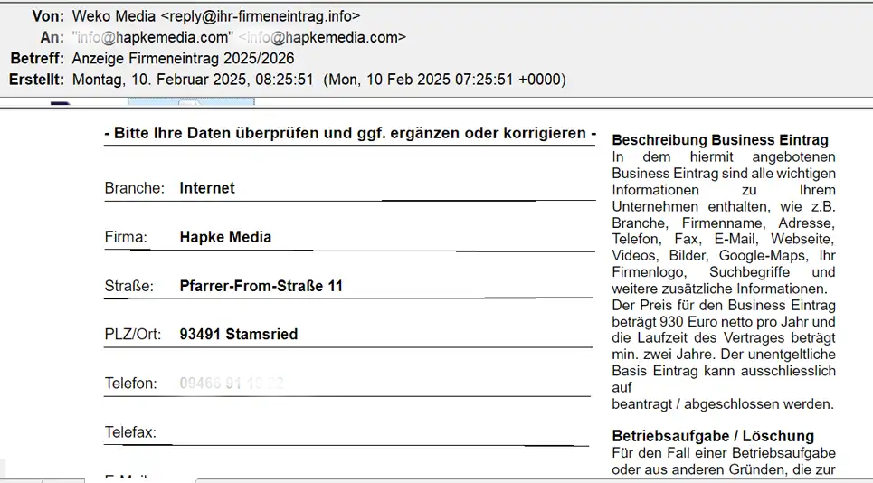 Auszug aus dem Formular zum Vertragsabschluss